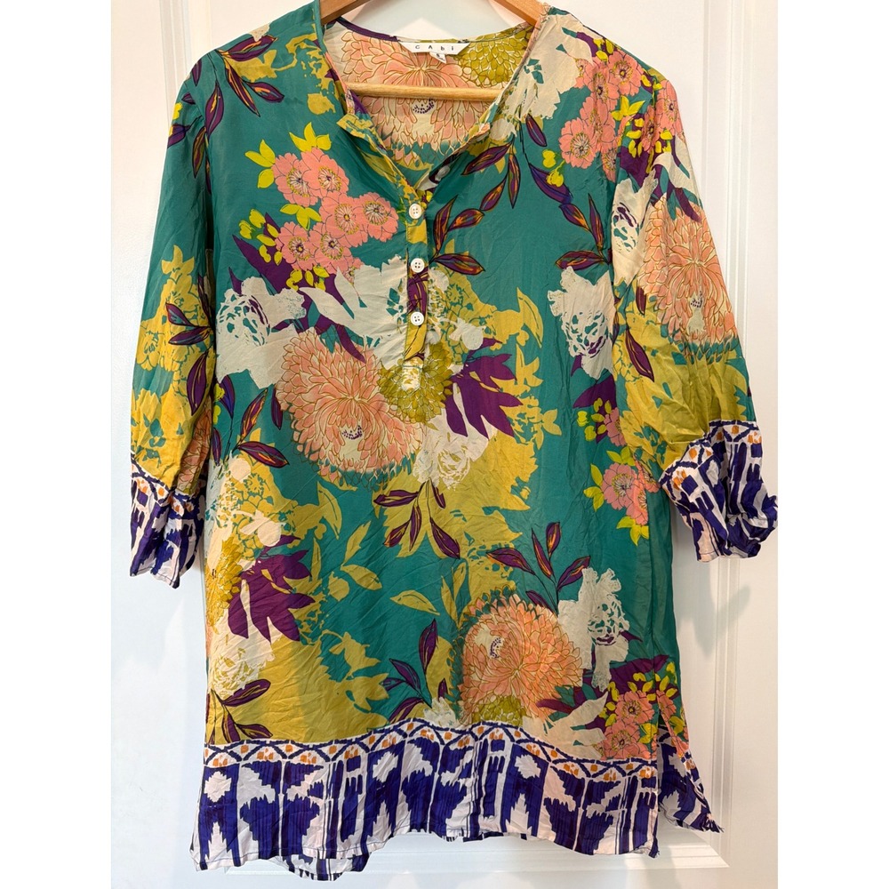 Cabi 812 Teal Floral 100% Silk Tunic Top Henley 3/4 Sleeve Small